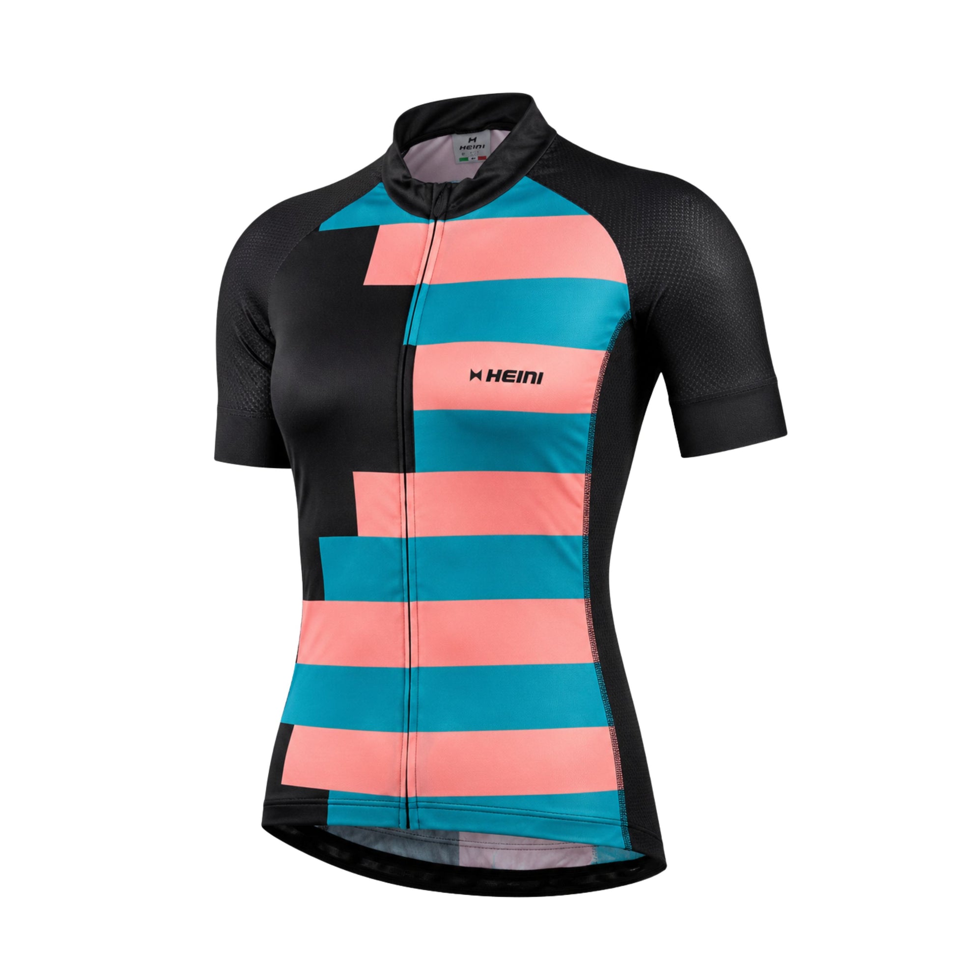 Cycling jersey with black, blue, and pink striped design on a white background