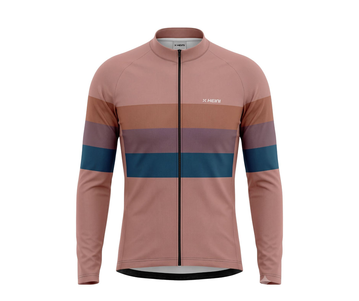 A long-sleeve cycling jersey by in a dusty rose color with horizontal stripes in brown, mauve, and teal on the chest and sleeves, featuring a black full-zip front.