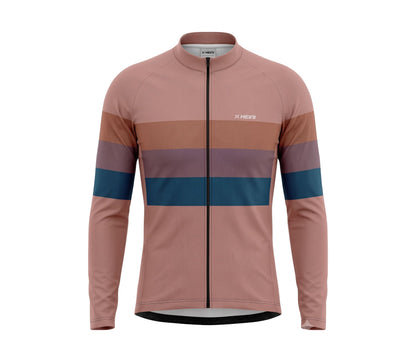 A long-sleeve cycling jersey by in a dusty rose color with horizontal stripes in brown, mauve, and teal on the chest and sleeves, featuring a black full-zip front.