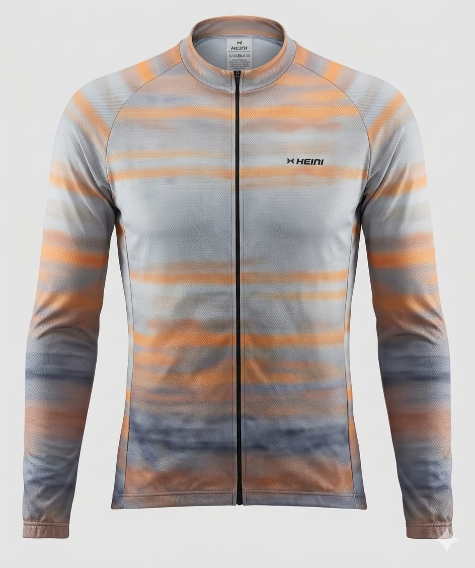 HEINI women's long sleeve cycling jersey featuring a sunset orange and slate blue horizontal gradient design with full-front zipper and high collar.