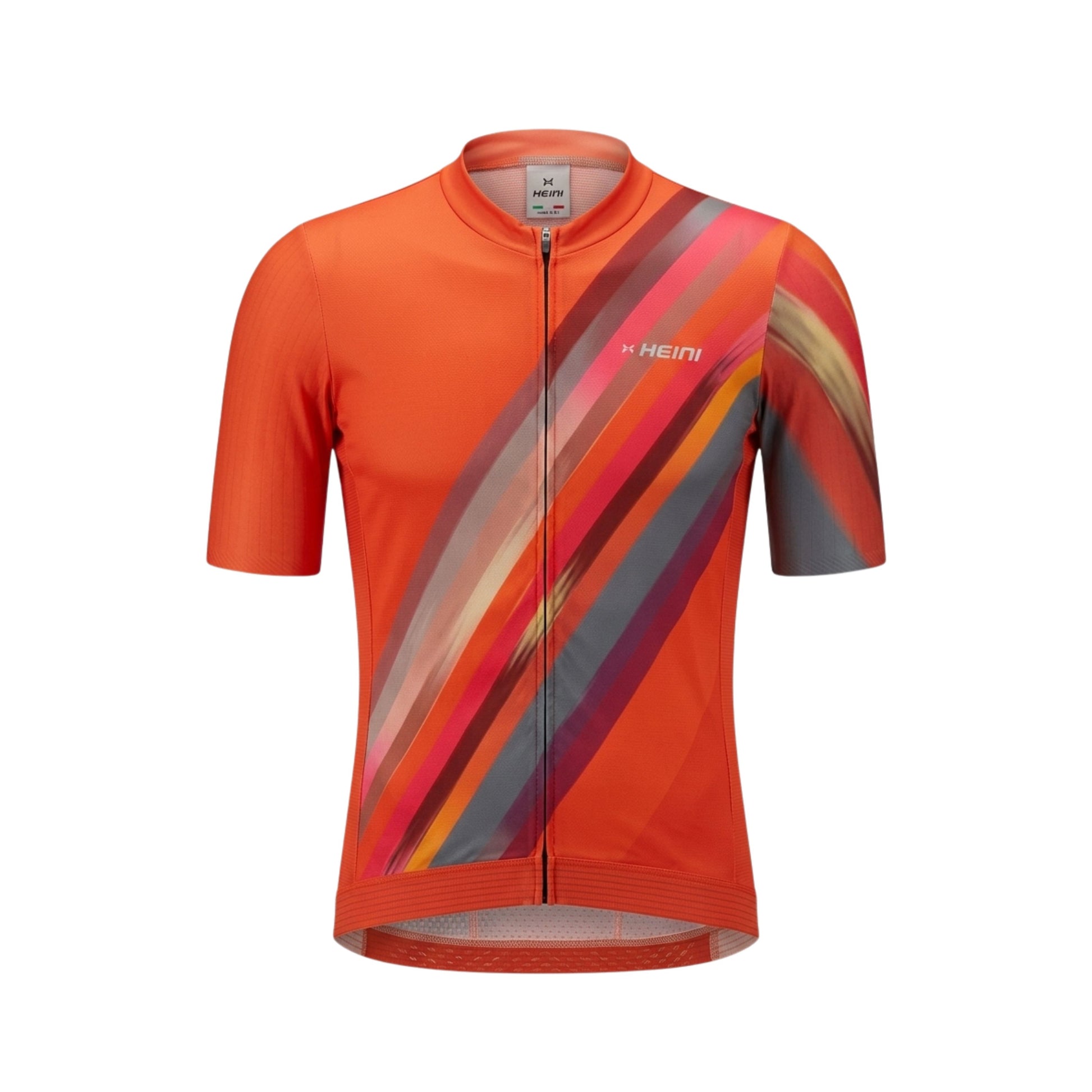 Orange cycling jersey with colorful diagonal pattern on a white background