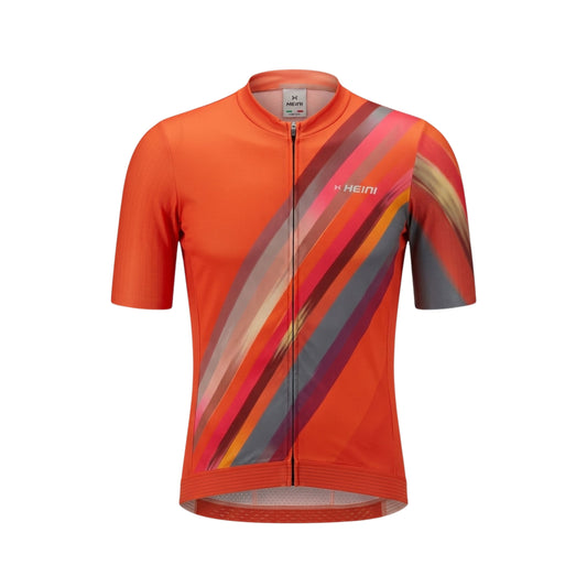 Orange cycling jersey with colorful diagonal pattern on a white background