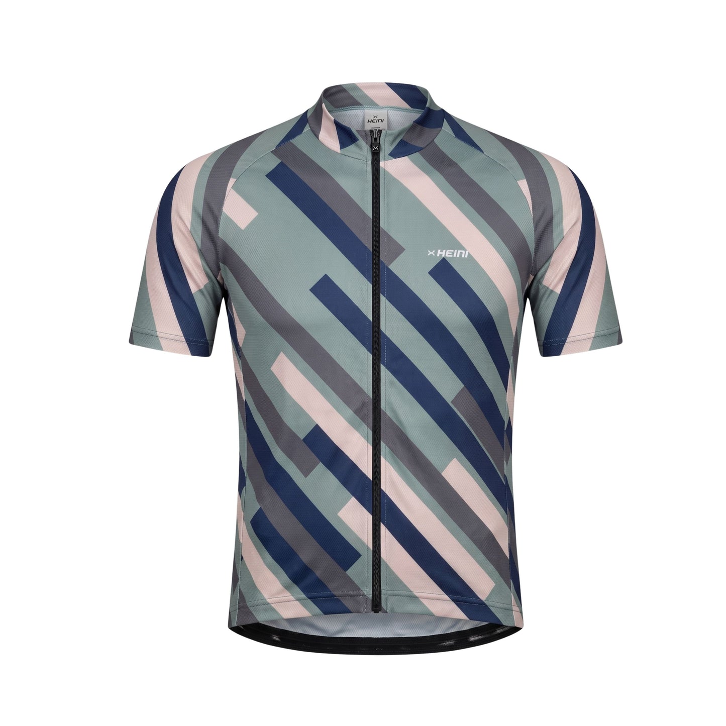 Cycling jersey with geometric pattern on a white background