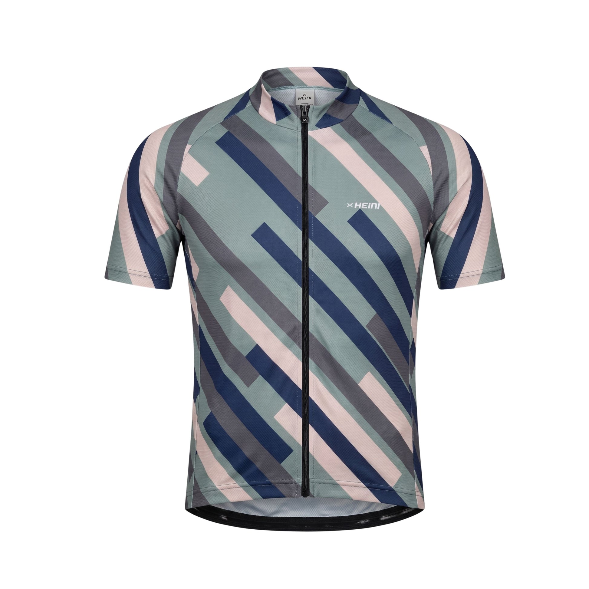 Cycling jersey with geometric pattern on a white background