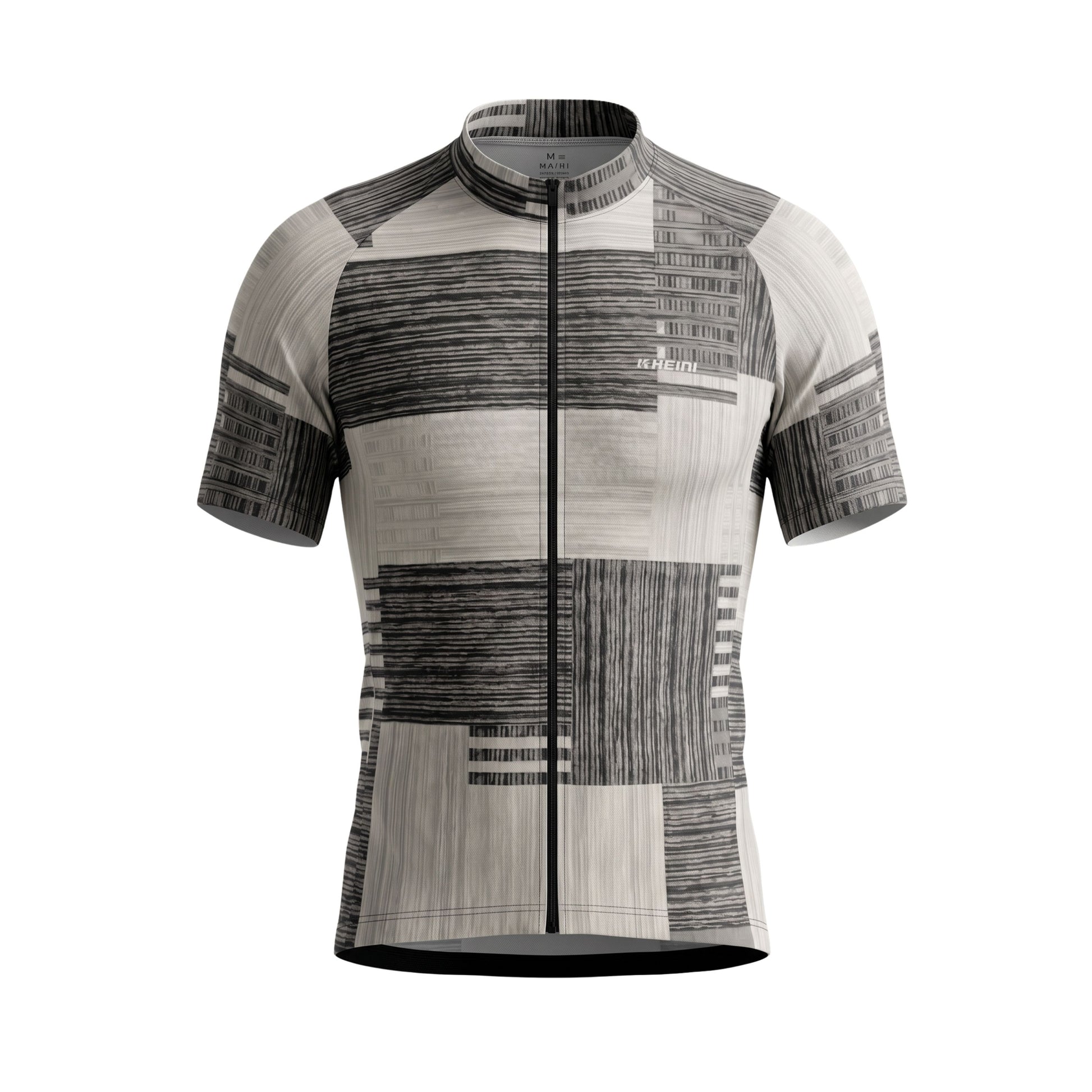 Cycling jersey with black and white pattern on a white background