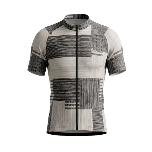 Cycling jersey with black and white pattern on a white background
