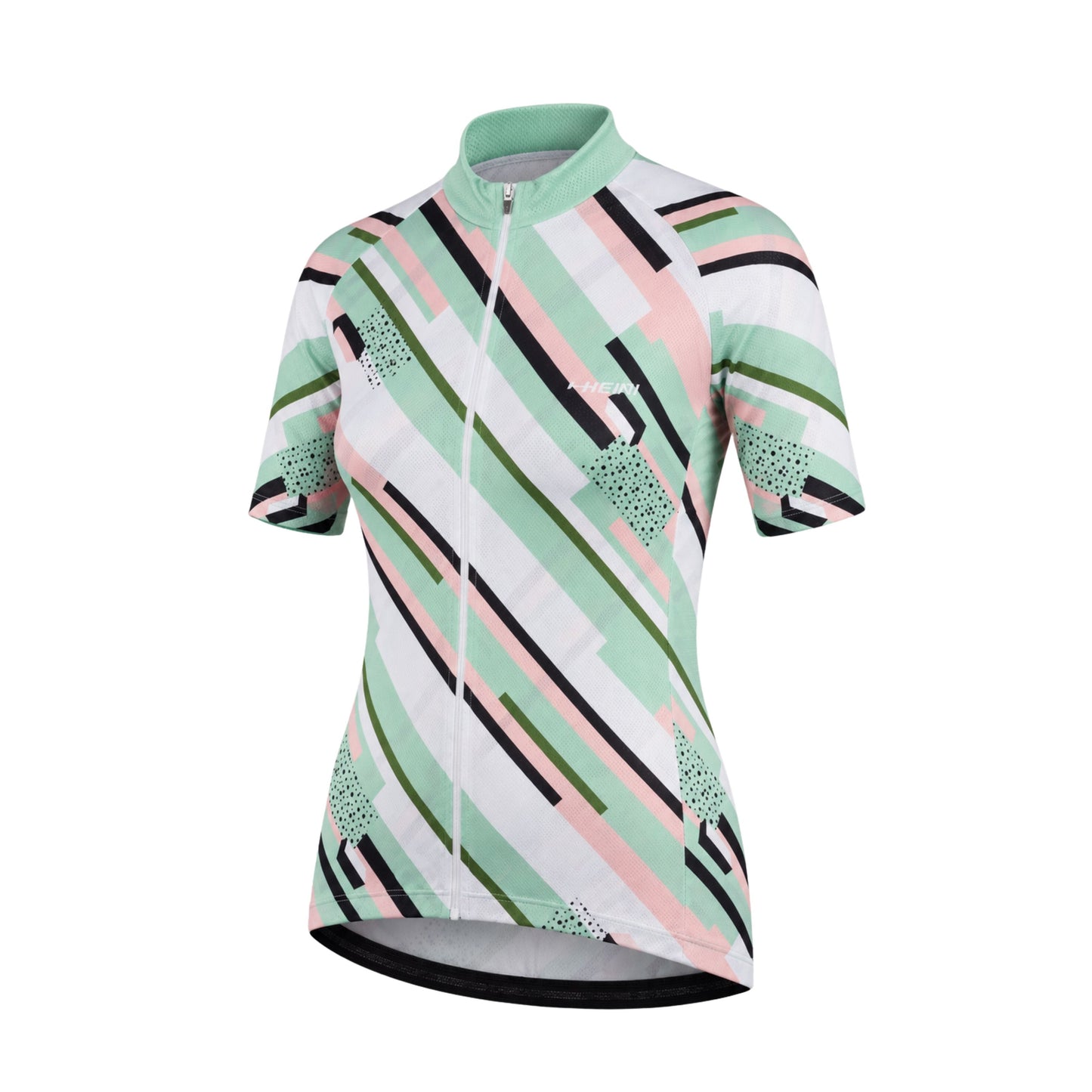 Short-sleeve cycling jersey with geometric pattern on a white background