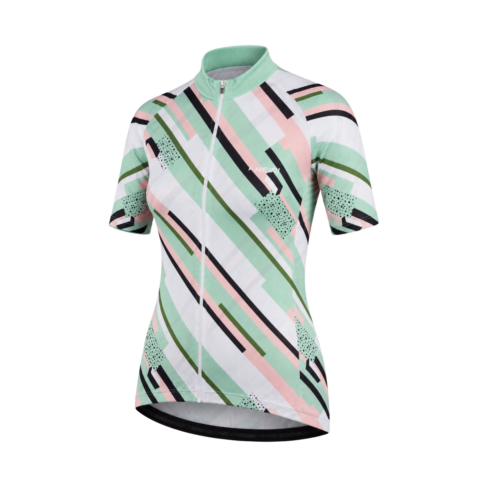 Short-sleeve cycling jersey with geometric pattern on a white background