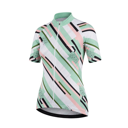 Short-sleeve cycling jersey with geometric pattern on a white background