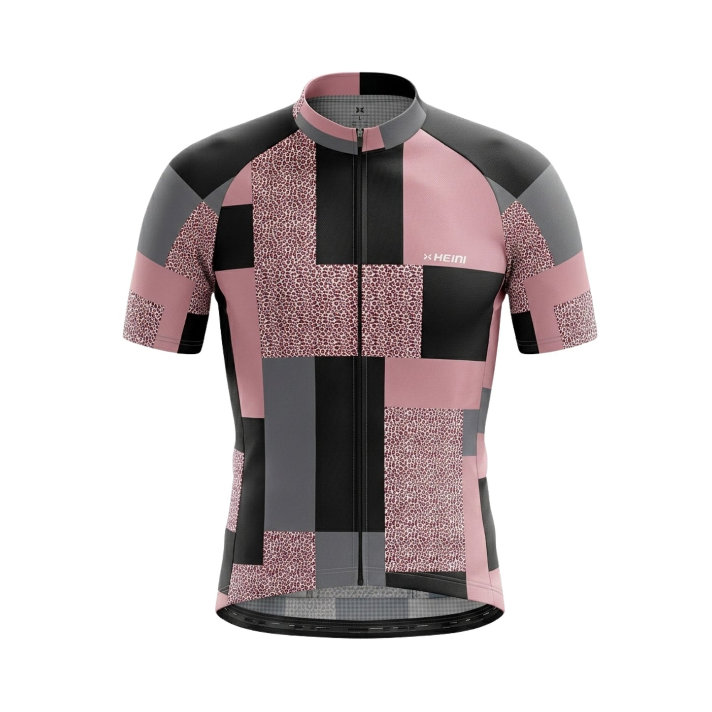 Cycling jersey with pink and black checkered pattern on a white background
