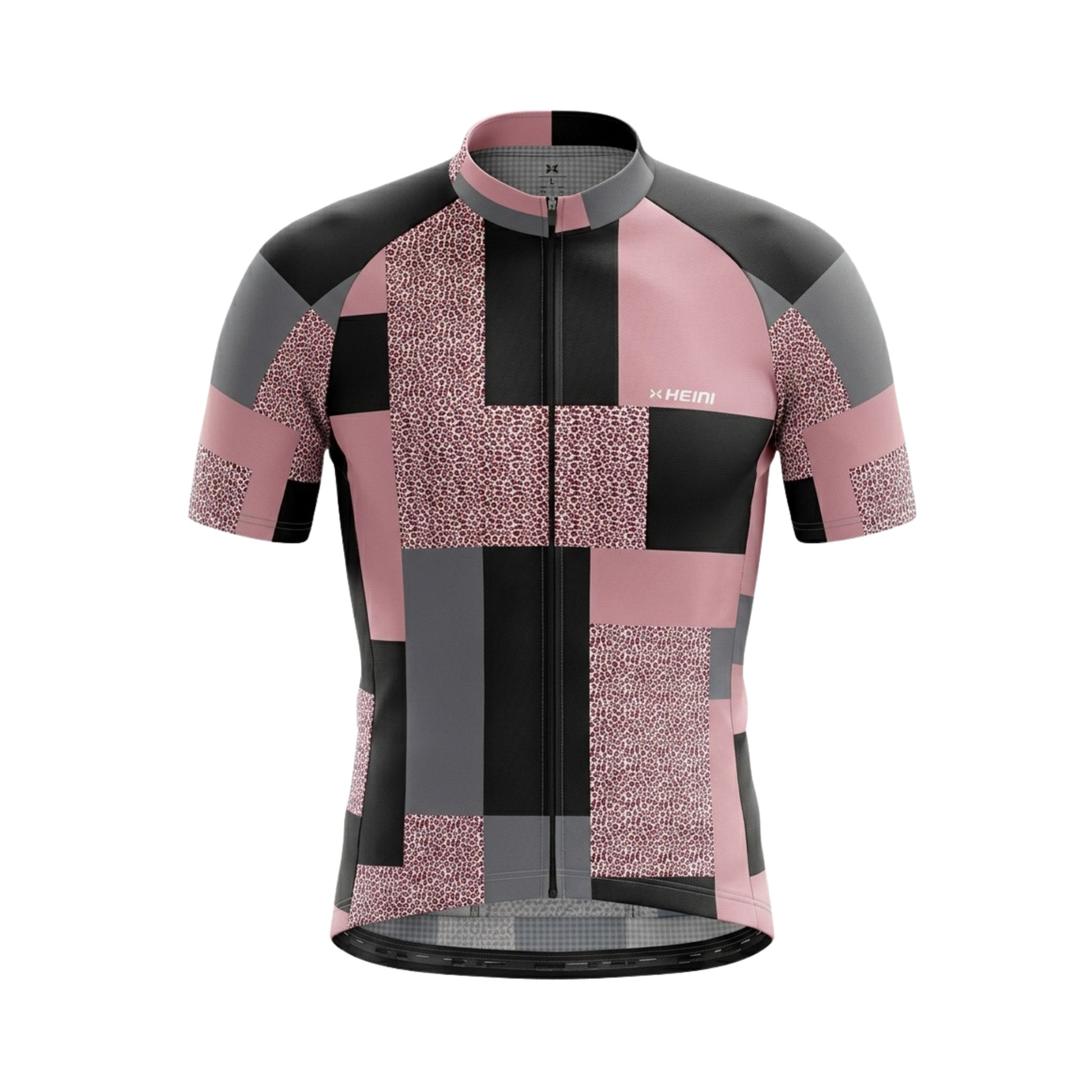 Cycling jersey with pink and black checkered pattern on a white background