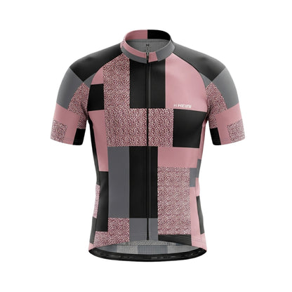 Cycling jersey with pink and black checkered pattern on a white background
