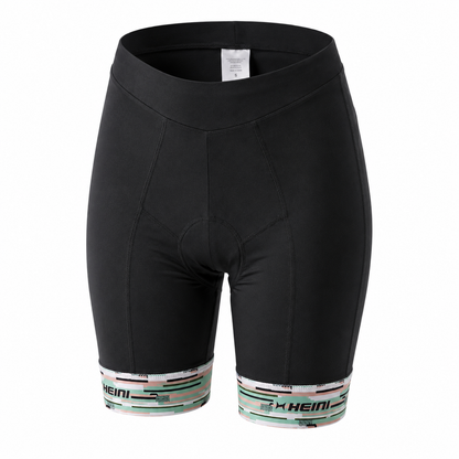 Black cycling shorts with a padded seat and patterned cuffs featuring the brand name HEINI.