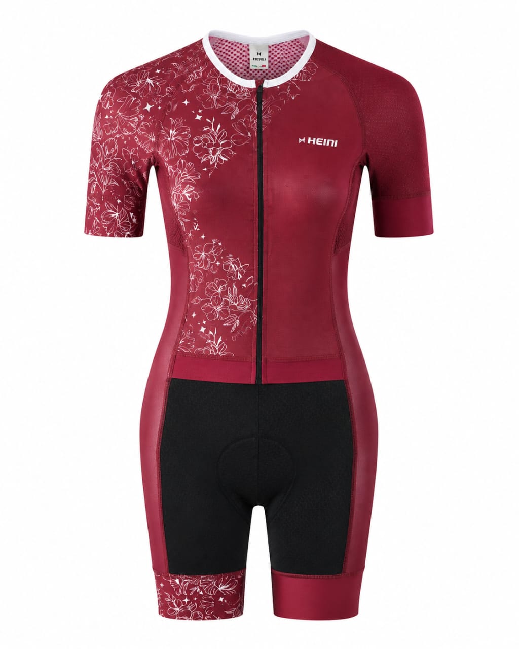 A women's short-sleeve cycling jersey and bib shorts set by Heinl, featuring a deep red and black color scheme with white floral patterns on the sleeves and lower legs, shown on a plain white background.