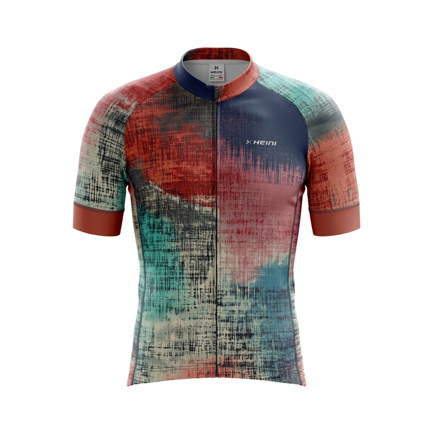 Colorful cycling jersey with abstract pattern on a white background