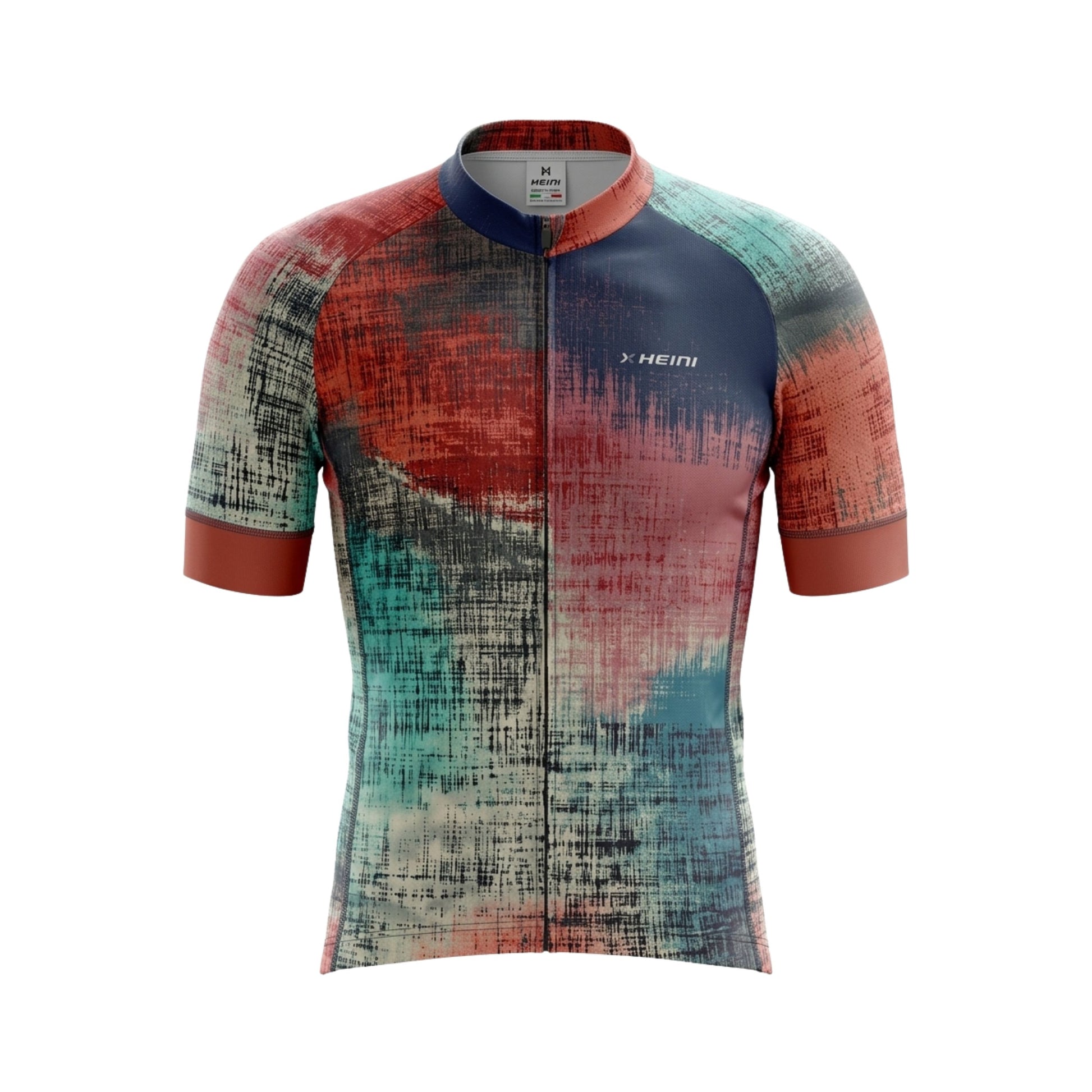 Colorful cycling jersey with abstract pattern on a white background