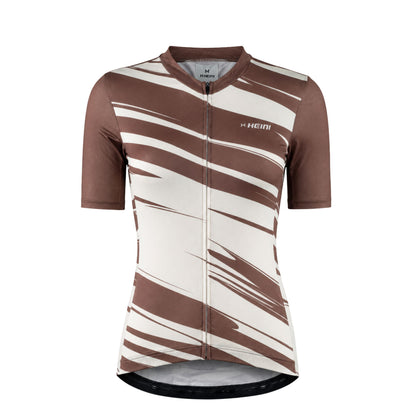Brown and white cycling jersey with 'HEINI' branding on a white background